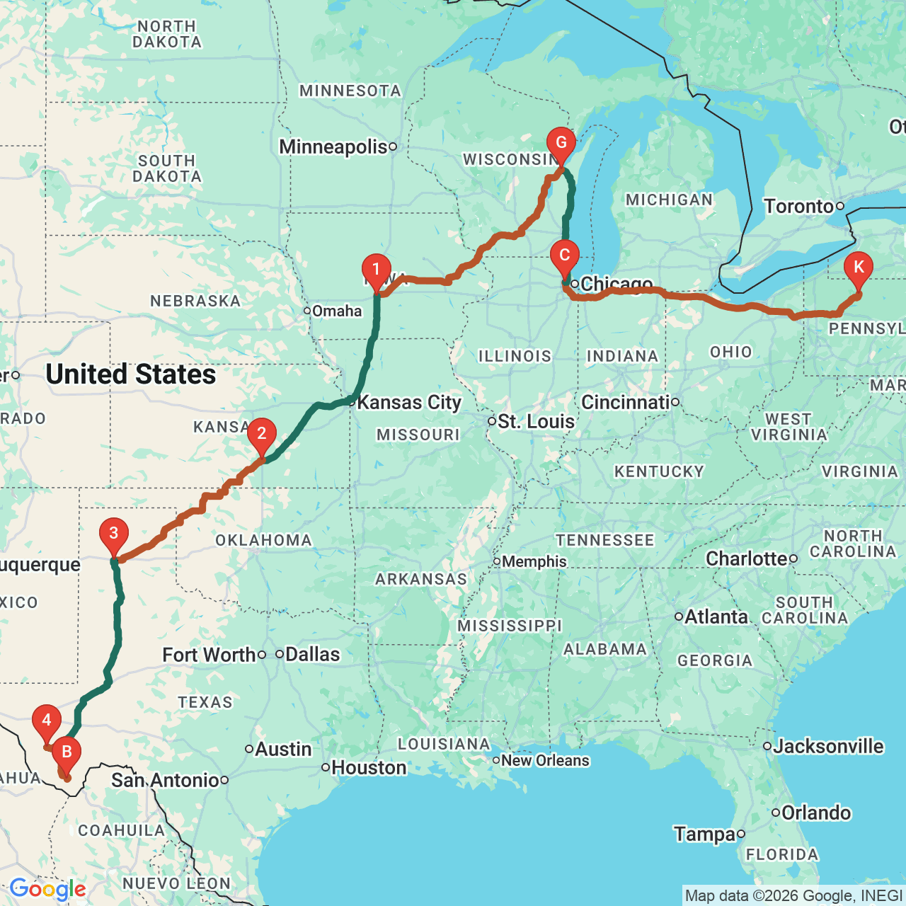 Static Google map showing the Roverball 2 route from Kane to Chicago, Green Bay, Clive, Wichita, Amarillo, Marfa, and Terlingua
