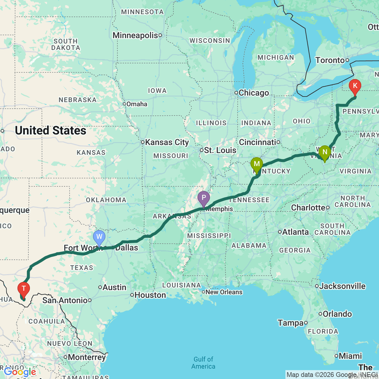 Selected return route map: Terlingua to Weatherford, Memphis, Mammoth Cave, New River Gorge, and Kane